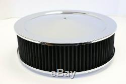 14 X 4 Round Chrome Black Washable Air Cleaner Drop Base Ford Chevy SBC 350