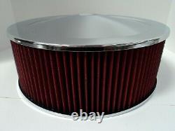 14 X 5 Round Chrome Washable Red Air Cleaner Flat Base Extreme Chevy SBC 350