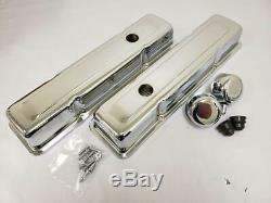1958-1986 Small Block Chevy Short 2-5/8 Chrome Valve Covers + Breather PCV SBC