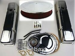 1958-79 SBC Chevy 350Chrome Engine Dress Up Kit Tall Valve Cover Air Cleaner Red
