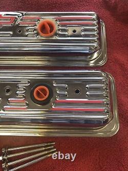 (1985 & UP) Chrome WithFins Small Block Chevy Centerbolt Valve Covers With Bow Tie