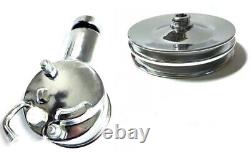 Chevy Chrome Saginaw Power Steering Pump + 2 Double Groove Pulley SBC BBC