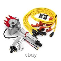 Chevy SBC 350 BBC 454 Distributor (Vacuum) Red + Chrome Coil + Accel Wire Leads