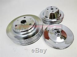 Chrome 2 Groove Long Water Pump+Crankshaft Pulley 3 Groove Small Block Chevy SBC
