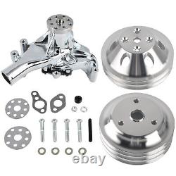 Chrome Long Water Pump& 2 / 3 Groove Crankshaft Pulley Kit for SBC Chevy 305 350