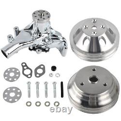 Chrome Long Water Pump & 2 Groove Crankshaft Pulley Kit for SBC Chevy 305 350