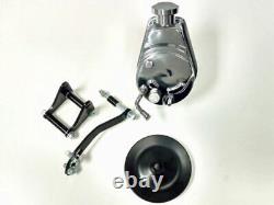 Chrome Saginaw Power Steering Pump with Black Bracket & Pulley Kit, Fits Chevy SBC