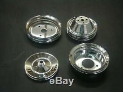 Chrome Small Block Chevy 2/3/1 Groove Pulley Set Short Pump Crank PS Water Pump