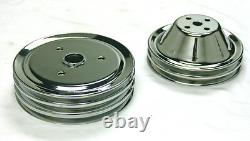 Chrome Small Block Chevy Steel Short Water Pump and Crankshaft Pulley Kit 2/3