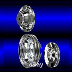 Chrome small block Chevy pulley set 3 pulleys long pump SBC for keyway ps