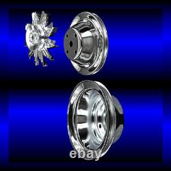 Chrome small block Chevy pulley set 3 pulleys long pump SBC single belt alt only