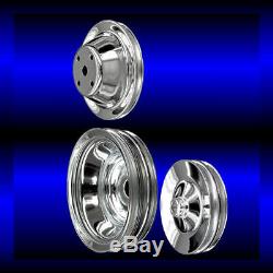 Chrome small block Chevy pulley set 3 pulleys long pump for alt ac keyway p/s