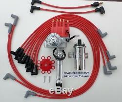 RED SMALL BLOCK CHEVY Small HEI Distributor+Chrome Coil+PLUG WIRES under exhaust