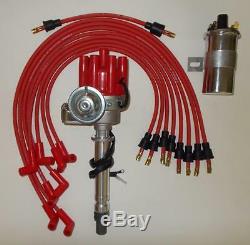 SBC CHEVY RED FEMALE Small HEI Distributor+45K Coil+PLUG WIRES Over Valve Covers