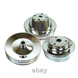 SBC Chevy Chrome Long water pump Pulleys 2/3/2 Groove Power Steering Crankshaft