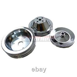 SBC Chevy Chrome SWPShort Water Pump 2+3 Groove Crankshaft Power SteeringPulley