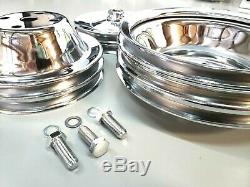 SBC Small Block Chevy 2 / 3 Groove Chrome Steel Long Water Pump Pulley Kit 350