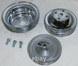 SBC Small Block Chevy 2 Groove Chrome Steel Long Water Pump Pulley Kit 305 350