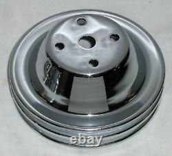 SBC Small Block Chevy 2 Groove Chrome Steel Long Water Pump Pulley Kit 305 350