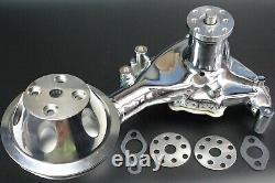 SBC Small Block Chevy CHROME Long Aluminum Water Pump + Single Groove Pulley Kit