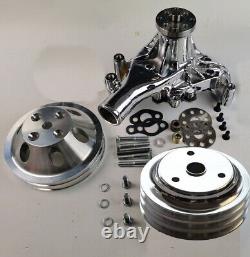 SBC Small Block Chevy CHROME Long Water Pump 2/3 Groove Crankshaft Pulley Kit