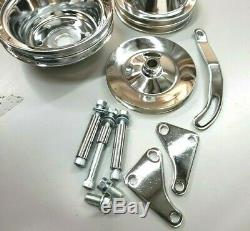 SB Chevy SBC Chrome Steel Long Pump Billet Pulley Kit With Brackets 327 350 400 V8