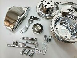 SB Chevy SBC Chrome Steel Long Water Pump Pulley Kit With Brackets 327 350 400 V8