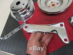 SB Chevy SBC Chrome Steel Pulley LOT With Brackets 327 350 400 V8