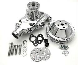 SB Chevy Water Pump & Pulley Kit Short 2 Double Groove SBC High Volume Chrome