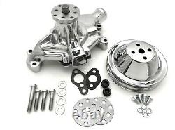 SB Chevy Water Pump & Pulley Kit Short 2 Double Groove SBC High Volume Chrome