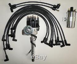 SMALL BLOCK CHEVY Black Small HEI Distributor + SPARK PLUG WIRES + 45K Volt Coil