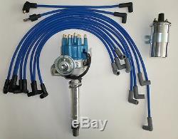 SMALL BLOCK CHEVY Blue Small HEI Distributor +SPARK PLUG WIRES over VC +45K Coil
