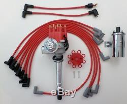 SMALL BLOCK CHEVY Red Small HEI Distributor + 45K Coil +SPARK PLUG WIRES over VC