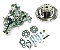 Small Block Chevy CHROME Long Aluminum Water Pump + 1 Groove Pulley Kit RETURN