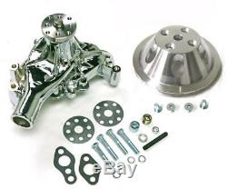 Small Block Chevy CHROME Long Aluminum Water Pump + 1 Single Groove Pulley Kit