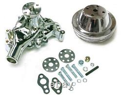 Small Block Chevy CHROME Long Aluminum Water Pump + 2 Groove Chrome Pulley Kit