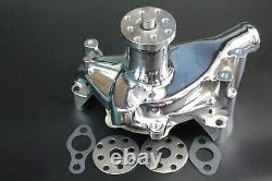Small Block Chevy CHROME Long Aluminum Water Pump + 2 Groove Polished Pulley Kit