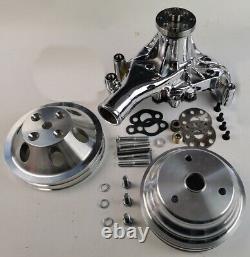 Small Block Chevy CHROME Long Water Pump 2 Groove Polished Crankshaft Pulley Kit
