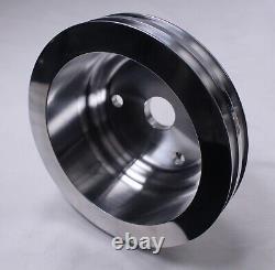 Small Block Chevy CHROME Long Water Pump 2 Groove Polished Crankshaft Pulley Kit