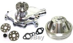 Small Block Chevy CHROME Short Aluminum Water Pump + 2 Double Groove Pulley Kit