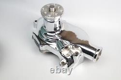 Small Block Chevy CHROME Short Aluminum Water Pump with 2 Double Groove Pulley Kit