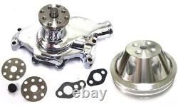 Small Block Chevy CHROME Short Aluminum Water Pump with 2 Double Groove Pulley Set